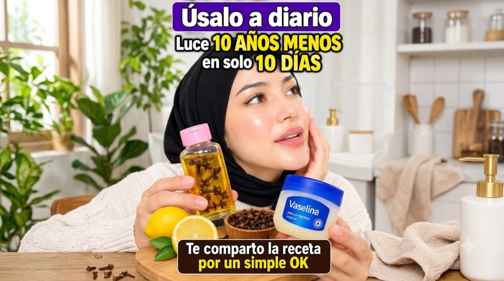 A woman with glowing skin holding natural ingredients for beauty such as a bottle of clove oil and a jar of petroleum je