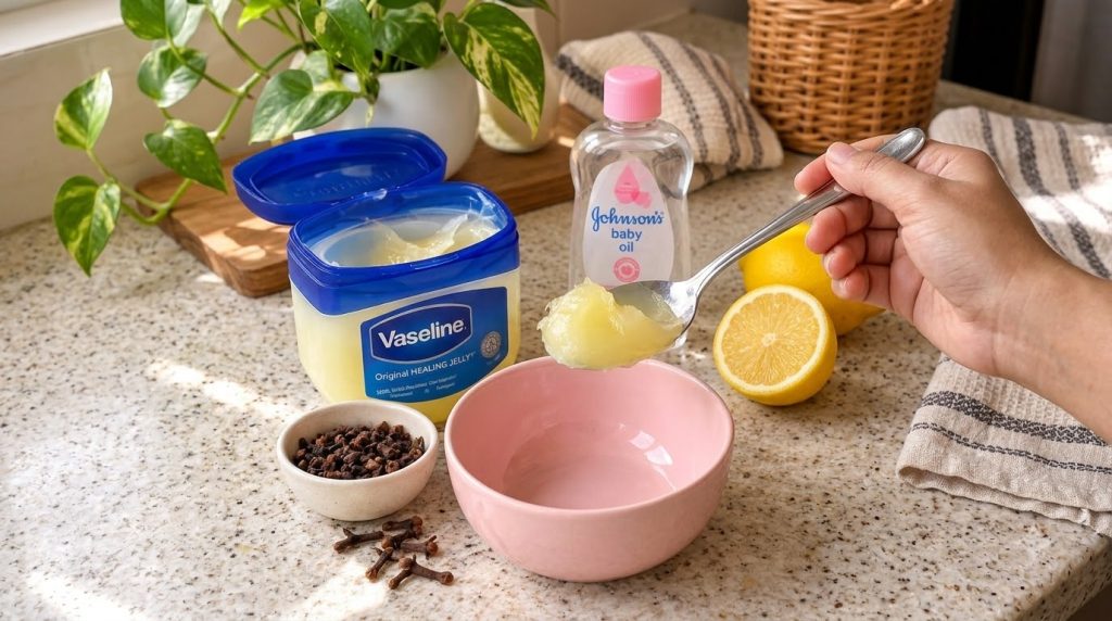 A flat lay of natural ingredients and beauty products on a speckled countertop Featuring a tub of Vaseline a spoon with