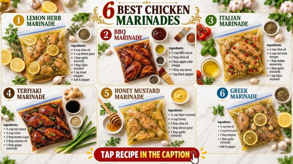 A flat lay display of six different chicken marinades in clear bags with their fresh ingredients like lemon garlic and h