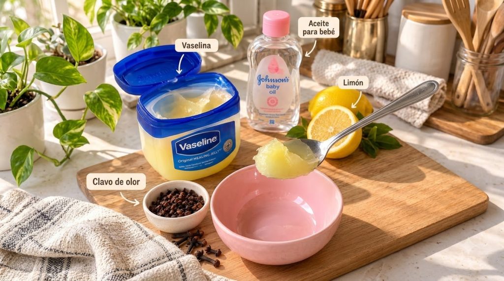A bright organized still life composition of Vaseline Johnson s baby oil fresh lemons one sliced and a small bowl of clo