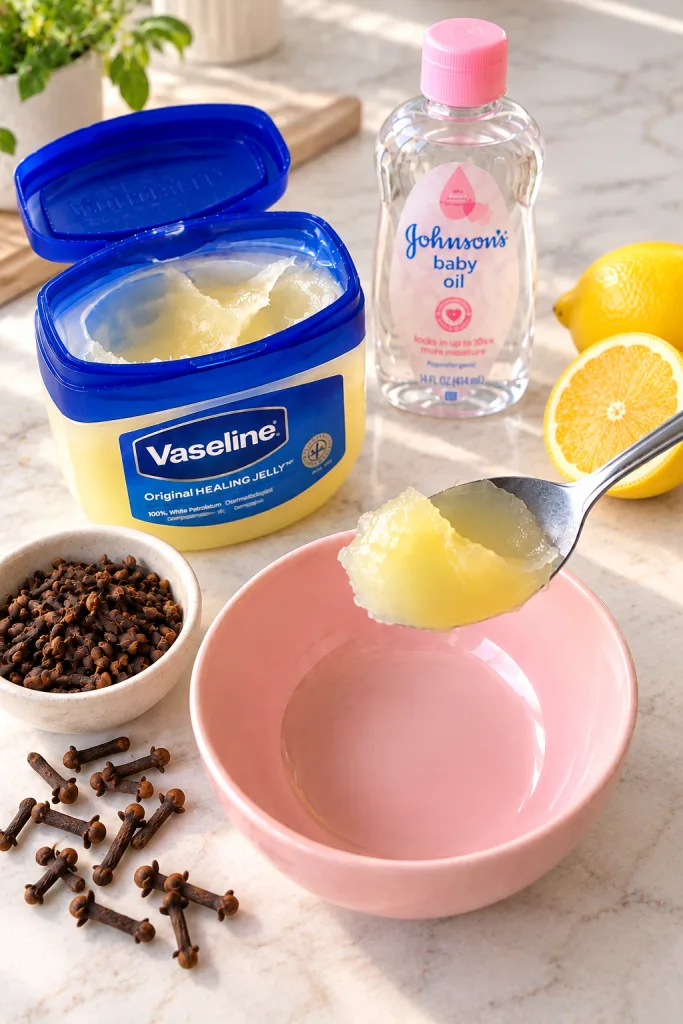 Ingredients for a homemade beauty blend an open tub of Vaseline fresh lemons and whole cloves arranged on a light surfac