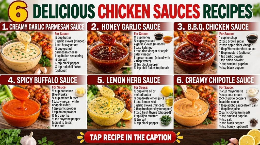 A vertical collage showcasing six different chicken sauce recipes each with a bowl of sauce grilled chicken pieces and i