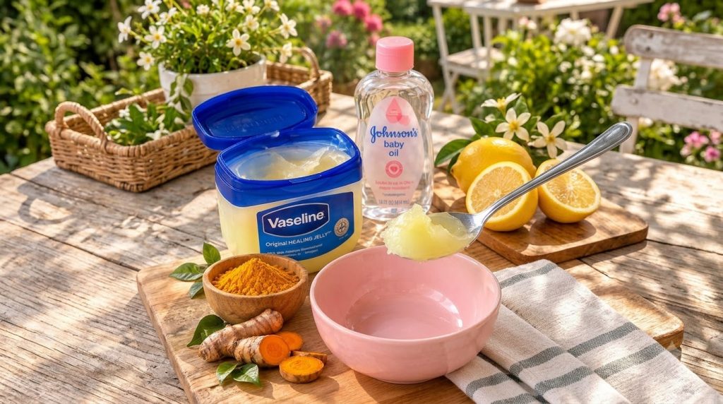 A variety of natural skincare ingredients laid out on a wooden surface including turmeric roots and powder fresh lemons