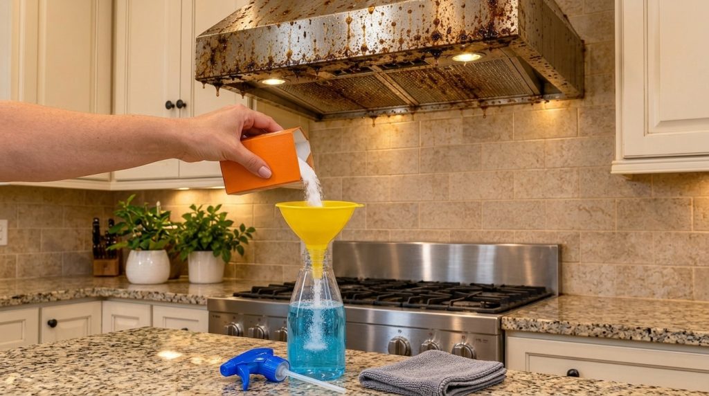 A hand pouring white baking soda powder from an orange box into a yellow funnel directing it into a spray bottle with bl