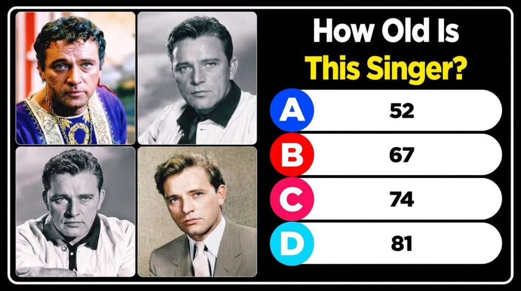 A four-panel grid of portraits of actor Richard Burton across different periods of his life with a quiz question below a