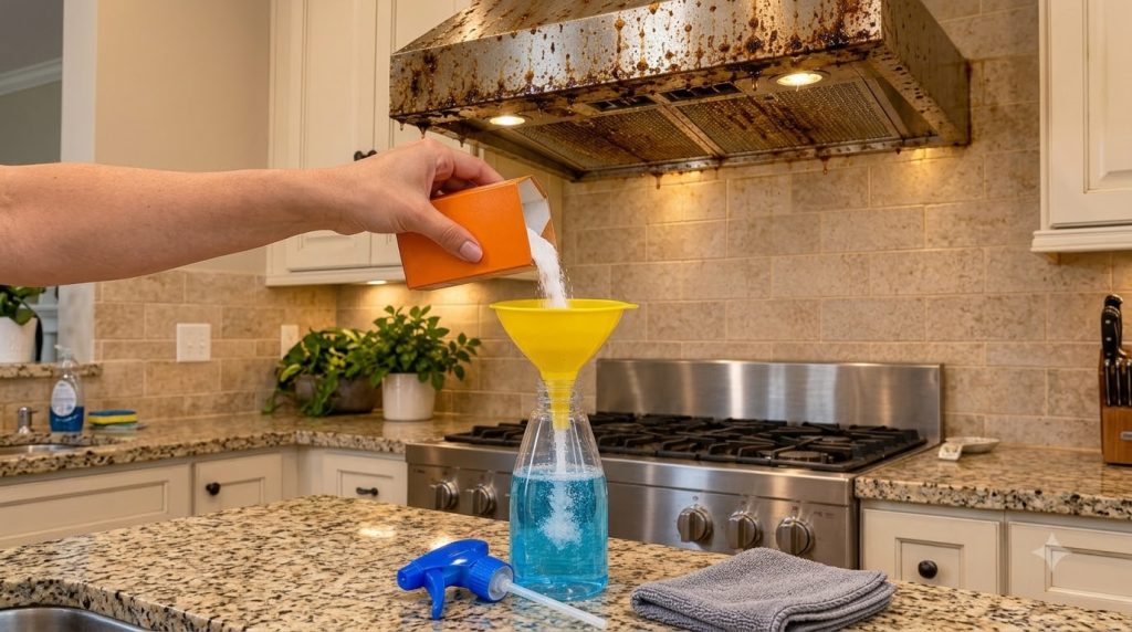 A hand pouring white baking soda from an orange box through a yellow funnel into a clear spray bottle containing blue di