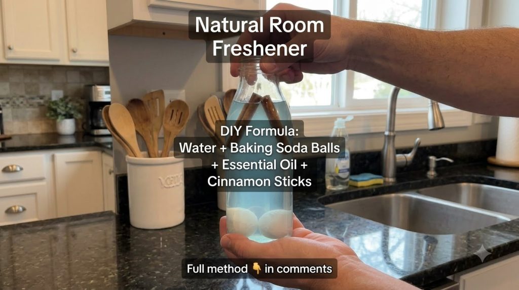A close-up of a clear glass bottle filled with water several cinnamon sticks and two porous white spheres at the bottom