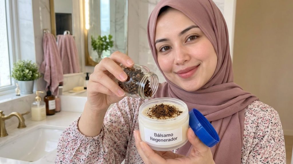 A smiling young woman holding whole cloves over an open jar of Vaseline mixed with powdered cloves emphasizing a DIY bea