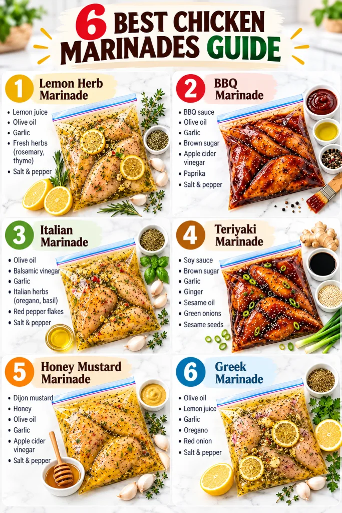 Six distinct chicken marinades in zip-top bags clearly labeled and accompanied by their key ingredients arranged in a 3x