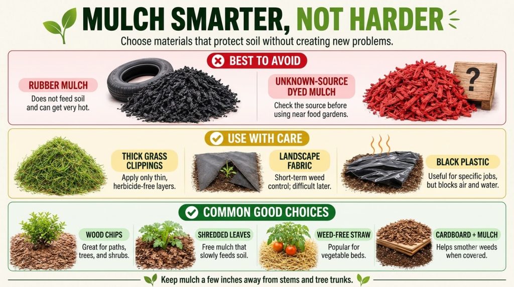 An infographic titled MULCH SMARTER NOT HARDER showing different types of mulch categorized into Best to Avoid Use with 