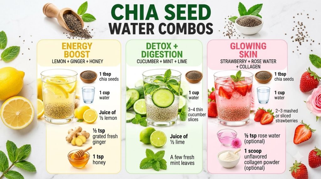An infographic showing three glasses of chia seed water each with distinct ingredients for Energy Boost Detox Digestion