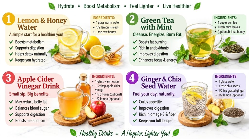 A top-down vertical shot of four different healthy drinks Each drink is in a clear glass with its main ingredients lemon