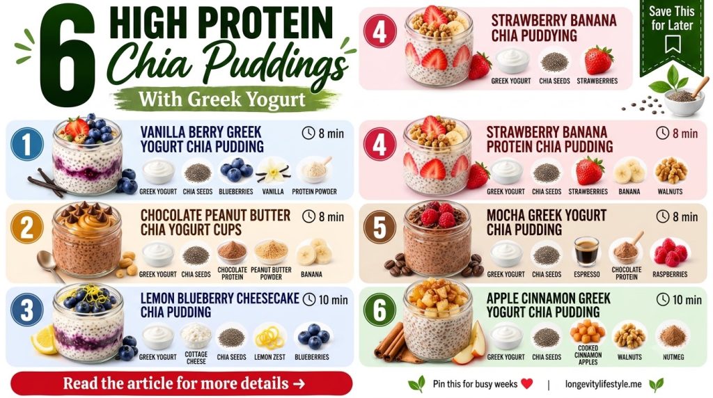 An infographic showing six different high-protein chia pudding recipes each in a clear glass jar with fresh fruit and to