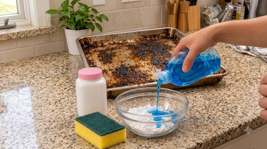 Hand pouring blue dish soap into a glass bowl with white powder next to a heavily soiled metal baking sheet