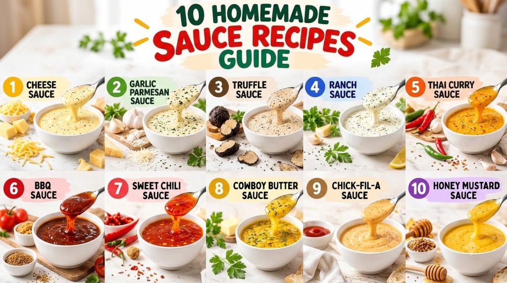 A grid of 10 different homemade sauces each in a white bowl with a spoon Key ingredients like fresh herbs garlic lemons