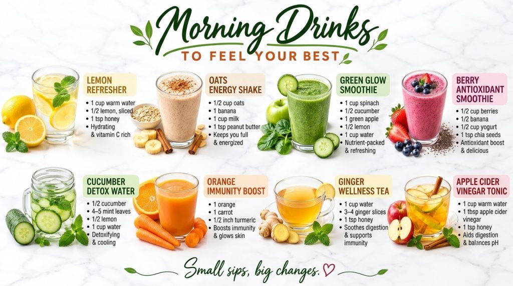 An infographic displaying eight different healthy morning drink recipes with vibrant visuals and key ingredients on a wh