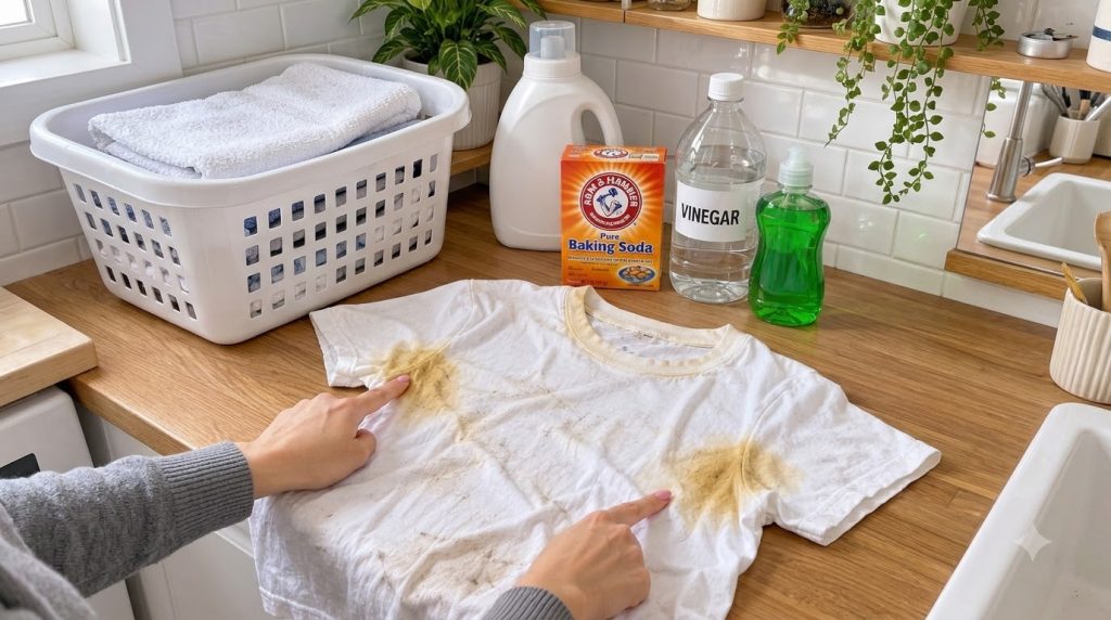 Two hands pointing at prominent yellow-brown stains on a white t-shirt laid flat on a wooden counter In the background a