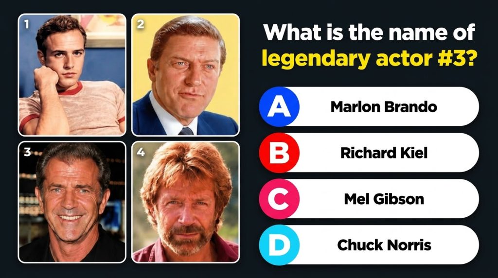A 2x2 grid of four black and white celebrity headshots Marlon Brando Richard Kiel Mel Gibson and Chuck Norris The third