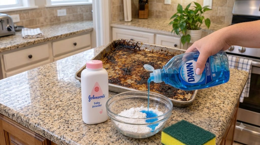 A hand pouring blue dish soap into a bowl with white powder next to a dirty baking sheet on a kitchen counter