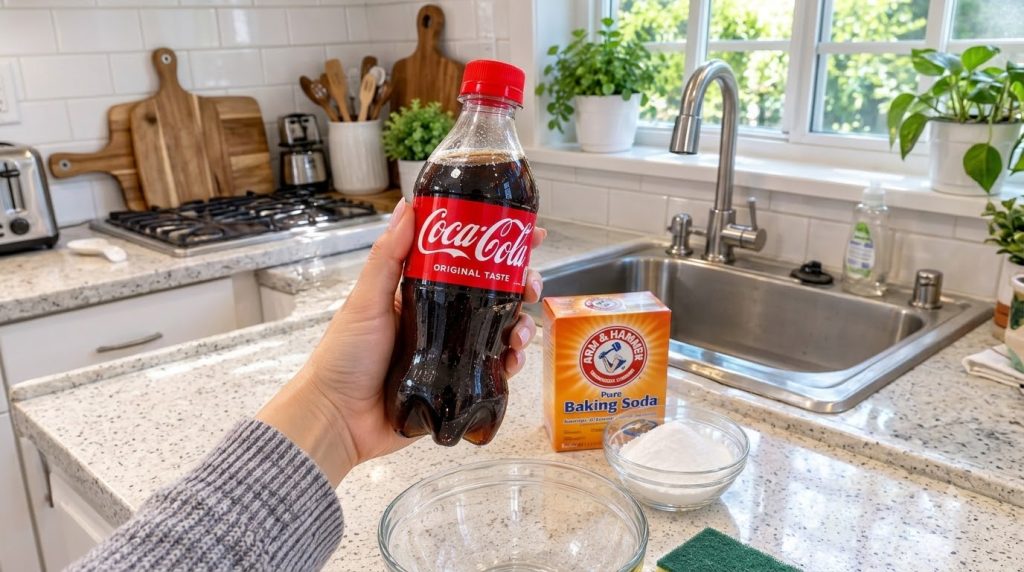 Una mano sostiene una botella de Coca-Cola fría sobre un recipiente con bicarbonato de sodio y una esponja en una cocina
