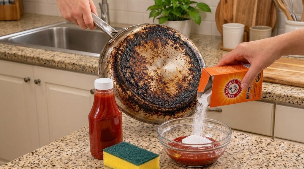 A burnt stainless steel frying pan in the background with a hand pouring white baking soda into a glass bowl of red ketc