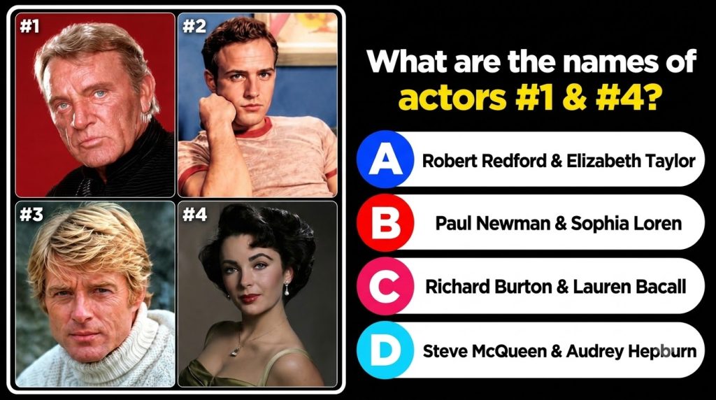 A 2x2 grid of four classic Hollywood actors Jean-Paul Belmondo Marlon Brando Robert Redford and Elizabeth Taylor The que