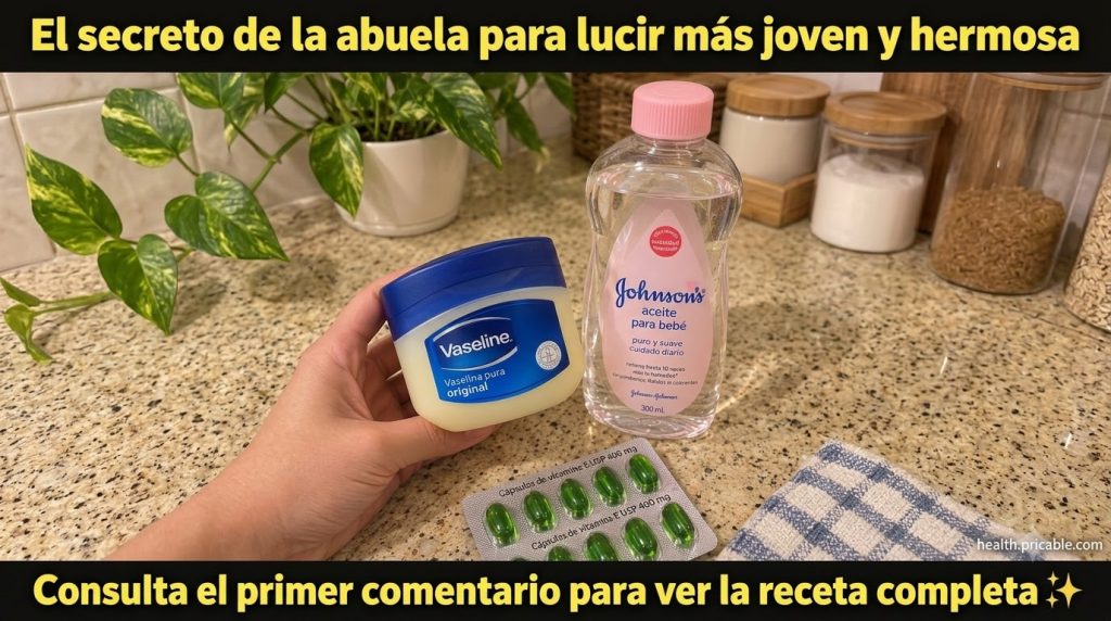 Three skincare products a tub of Vaseline a bottle of Johnson s baby oil and a blister pack of green Vitamin E capsules 