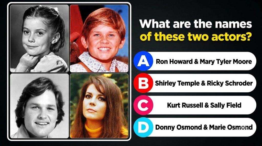 A 2x2 grid quiz graphic Top-left shows a young Natalie Wood in black and white Top-right shows a young Kurt Russell in c