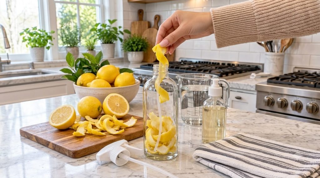 A person s hand carefully placing a long curled lemon peel into a clear glass bottle already containing many peels Fresh