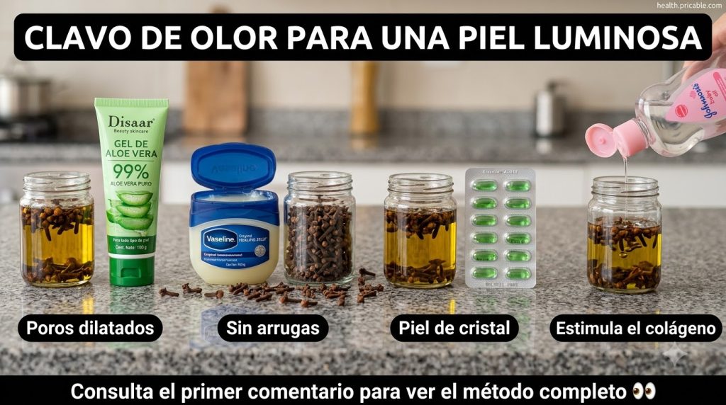 A vertical collage divided into four panels each showing a DIY skincare remedy with cloves steeped in liquid paired with
