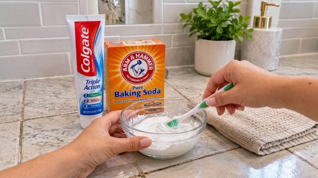 Close-up of hands mixing a white paste in a glass bowl with a toothbrush with a tube of toothpaste and a box of baking s
