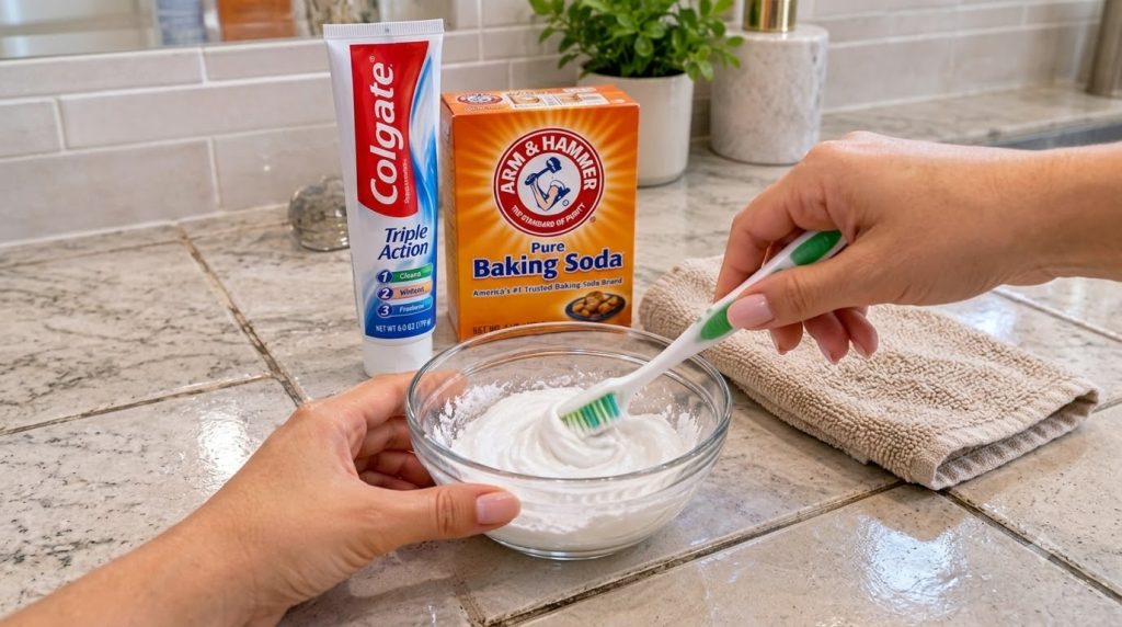 Hands mixing toothpaste and baking soda in a glass bowl with a toothbrush on a bathroom counter