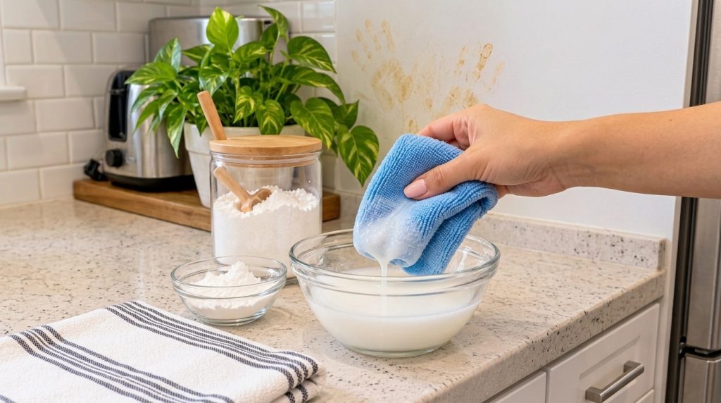 A hand gently dips a blue microfiber cloth into a bowl of white liquid on a speckled countertop In the background a larg