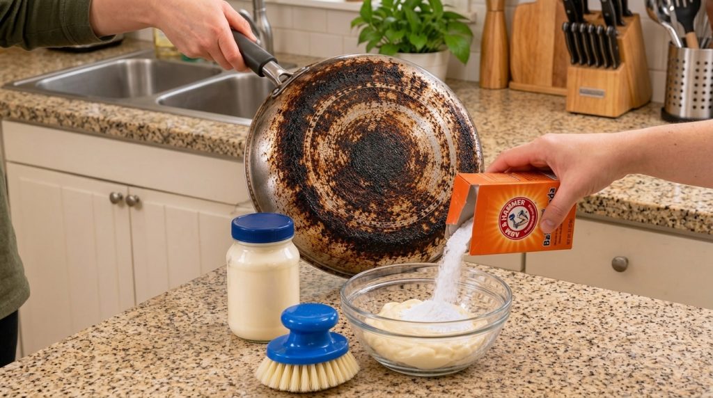 A hand holding a heavily crusted dirty frying pan while another hand pours baking soda into a bowl with mayonnaise on a 