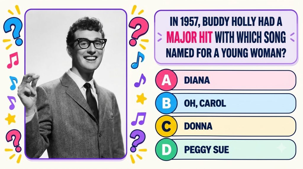 Black and white portrait of Buddy Holly smiling and gesturing wearing his signature thick-rimmed glasses