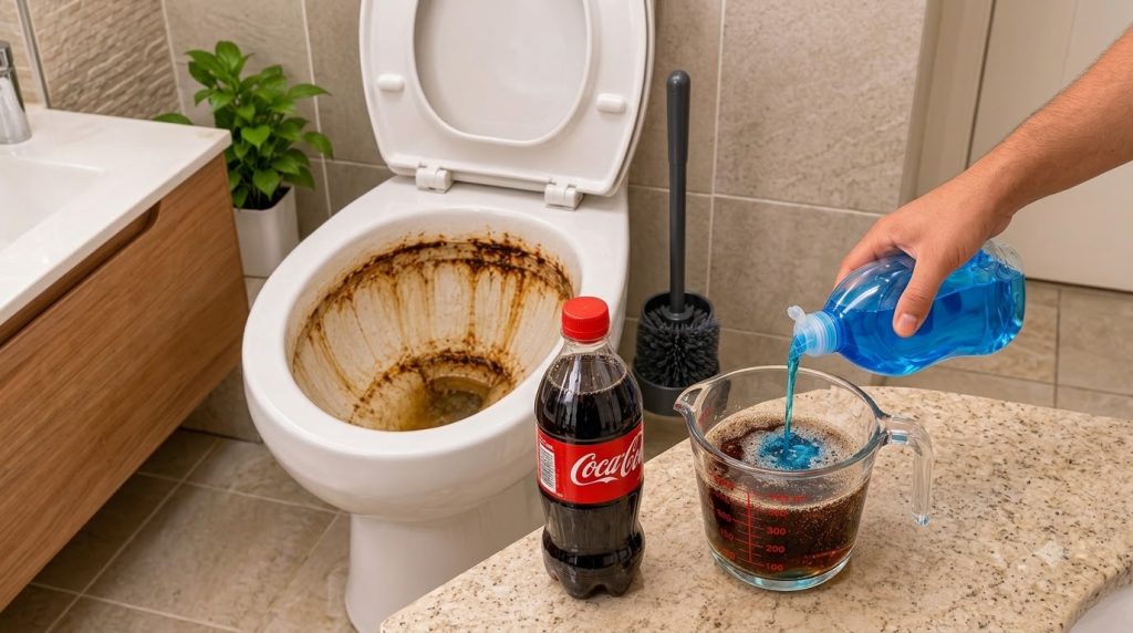 A severely stained toilet in the background contrasting with a clean light-colored granite countertop in the foreground 