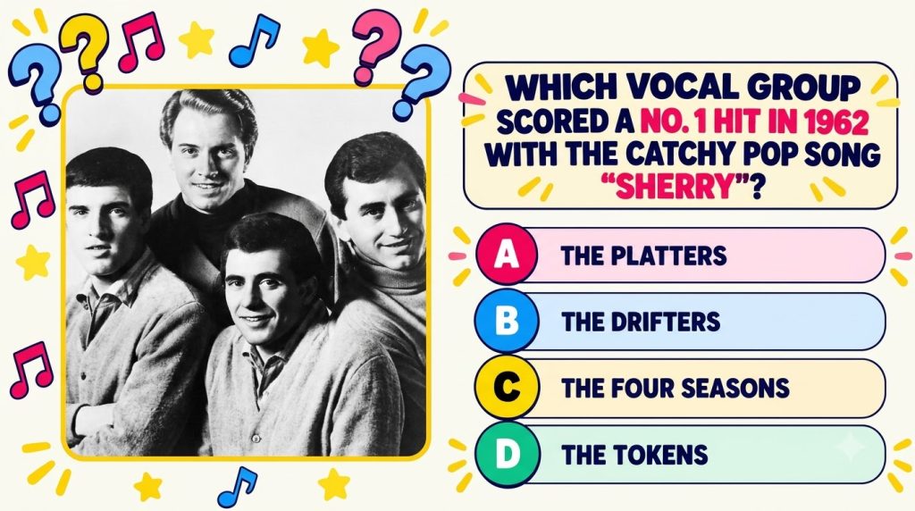 A vintage black-and-white photo of four young men a 1960s vocal group framed within a brightly colored vertical quiz gra