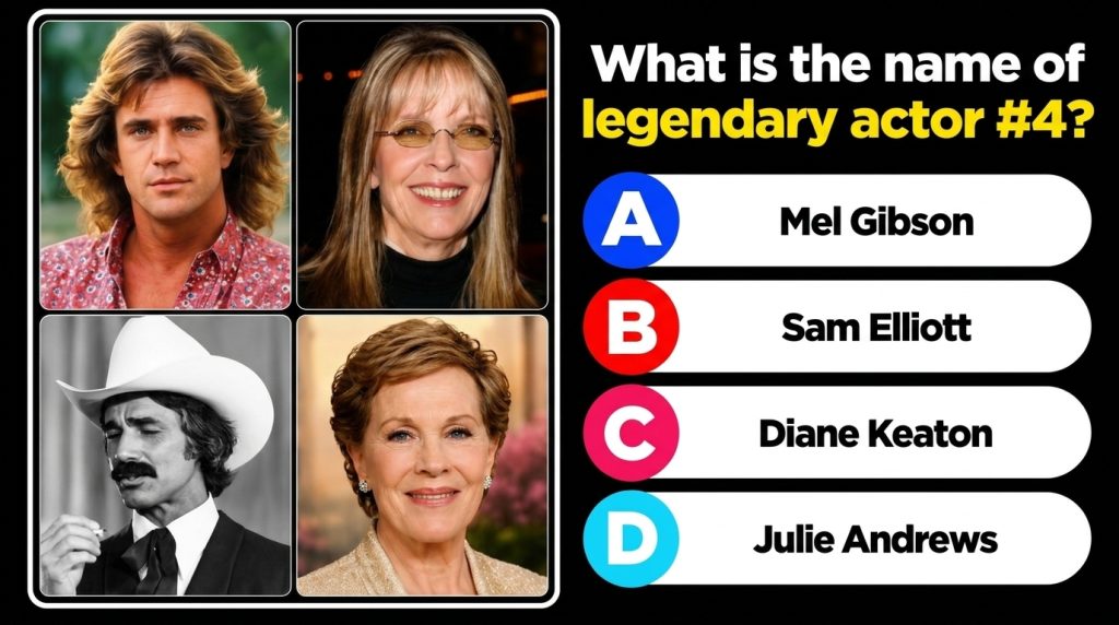 A 2x2 grid celebrity quiz image with portraits of Mel Gibson Diane Keaton Sam Elliott and Julie Andrews A question below