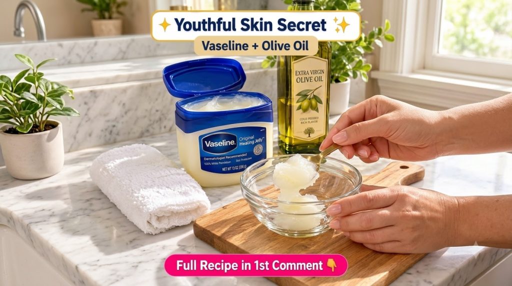 A close-up of a spoonful of a white jelly-like mixture over a clear glass bowl with an open tub of Vaseline and a bottle