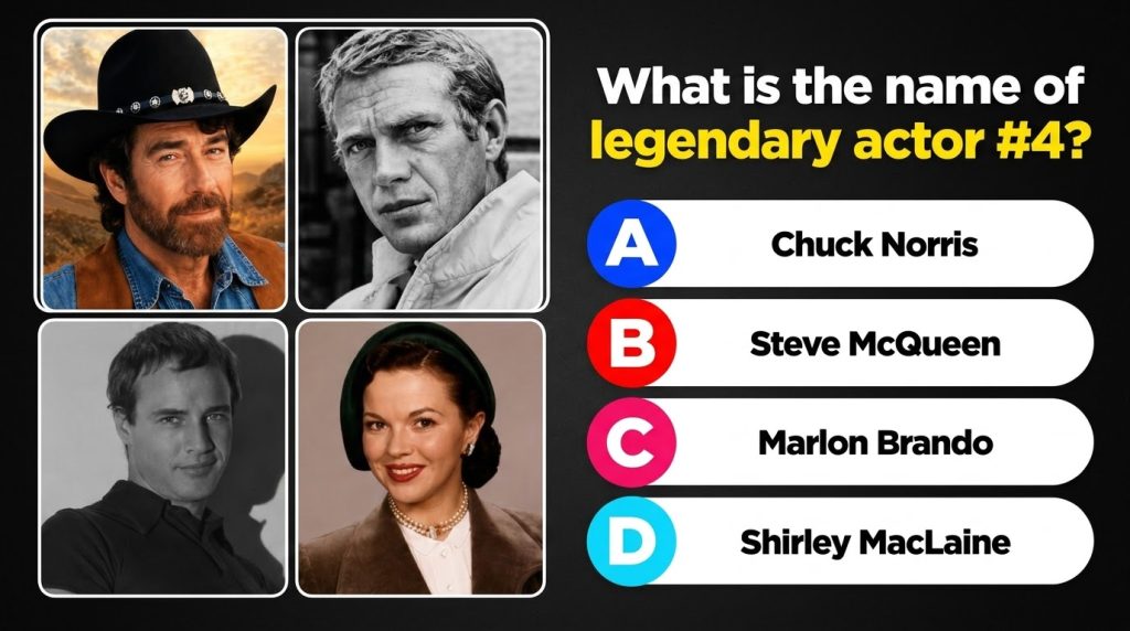 A quiz graphic showing four classic Hollywood celebrity portraits in a 2x2 grid Top-left Chuck Norris Top-right Steve Mc