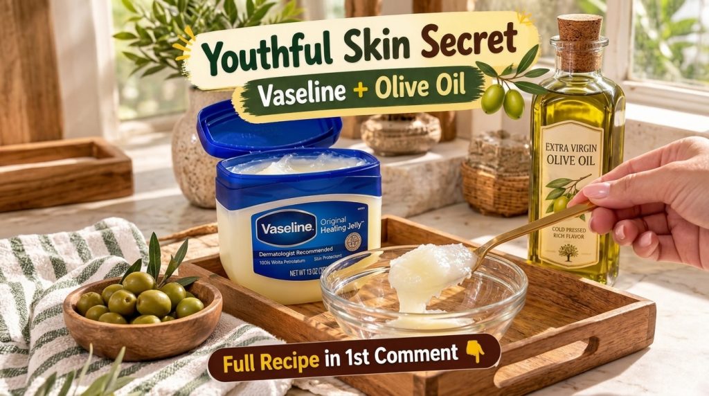 Ingredients for a DIY skincare recipe a tub of Vaseline a bottle of Extra Virgin Olive Oil and a hand scooping the jelly