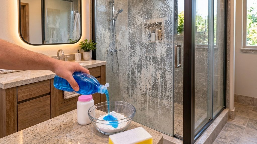 A close-up of a hand pouring blue dish soap into a glass bowl containing white baby powder with a sponge and another con