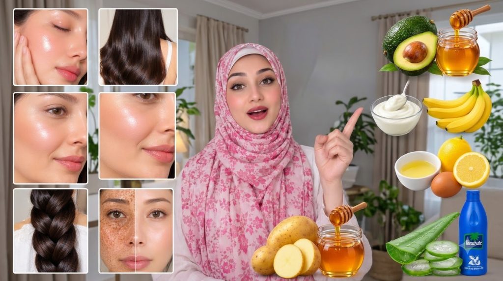 A woman in a pink floral hijab gesturing towards a collage of natural beauty ingredients like avocado honey aloe vera an