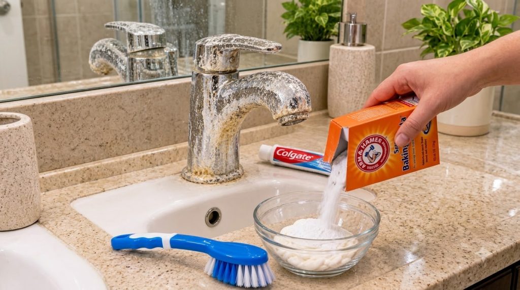 A close-up of a heavily soiled chrome bathroom faucet with hard water stains next to a hand pouring baking soda into a b