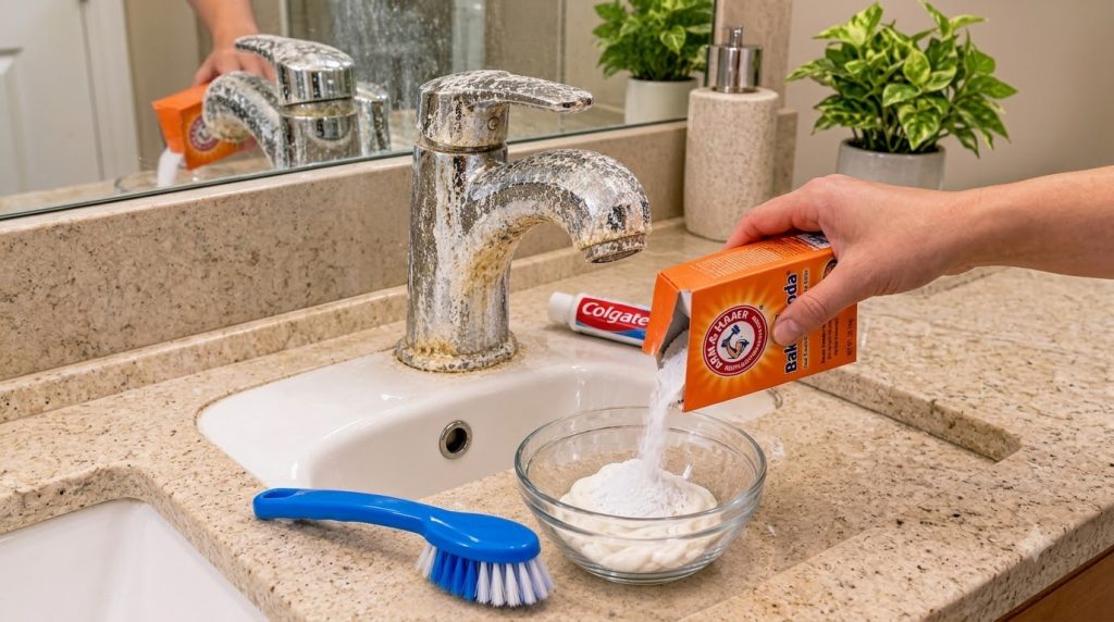 A close-up of a heavily stained bathroom faucet next to a cleaning preparation scene A hand is pouring white powder like