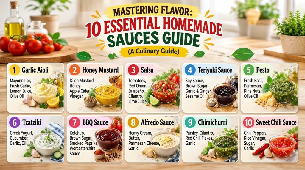 A vibrant infographic titled 10 Essential Homemade Sauces Guide showing ten distinct culinary creations Each section fea
