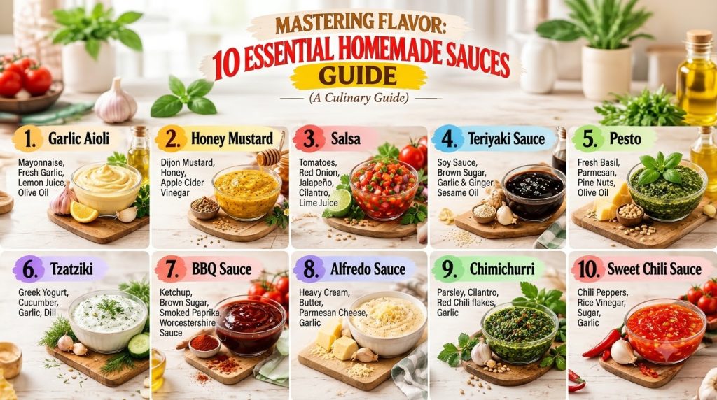 An overhead shot of ten different homemade sauces each in a small glass bowl with their primary ingredients artfully arr