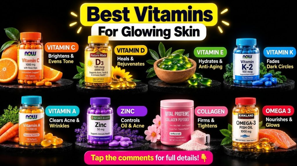 A vibrant well-organized grid showcasing various vitamin and supplement products for skin health each with an illustrati