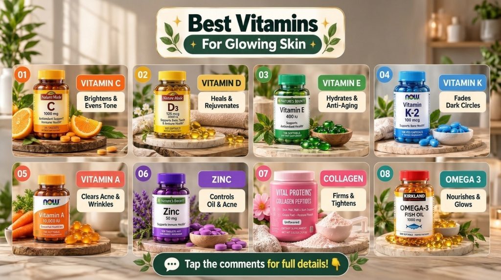 A well-organized grid showcasing various vitamins and supplements like collagen vitamin C vitamin E omega-3 zinc each pr