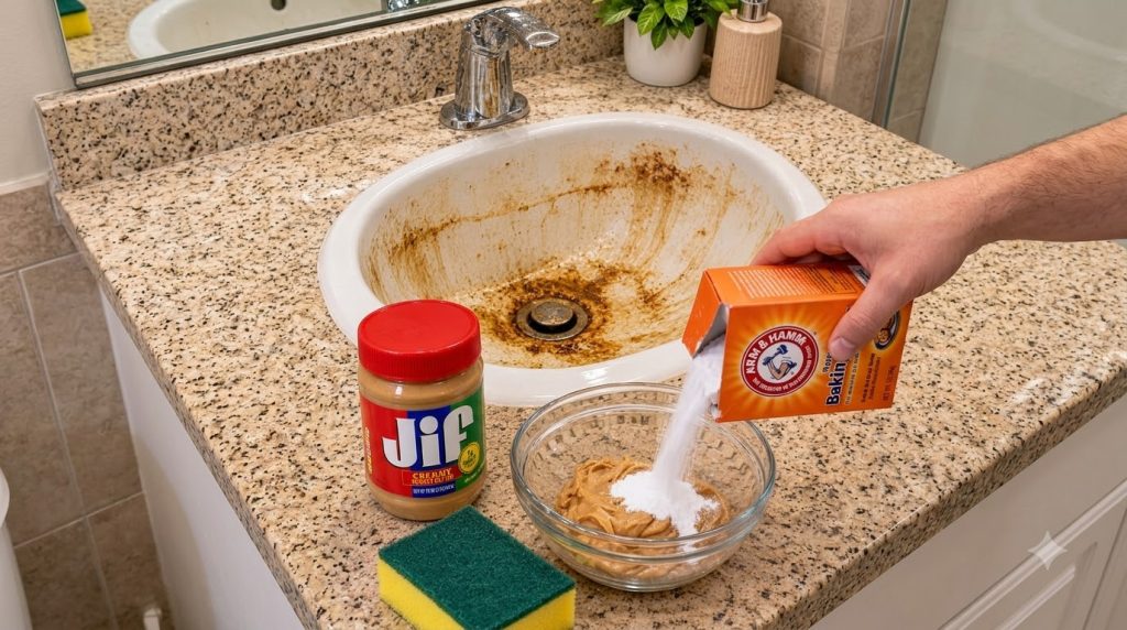 A dirty bathroom sink with brown stains In the foreground a jar of peanut butter a cleaning sponge and a glass bowl with